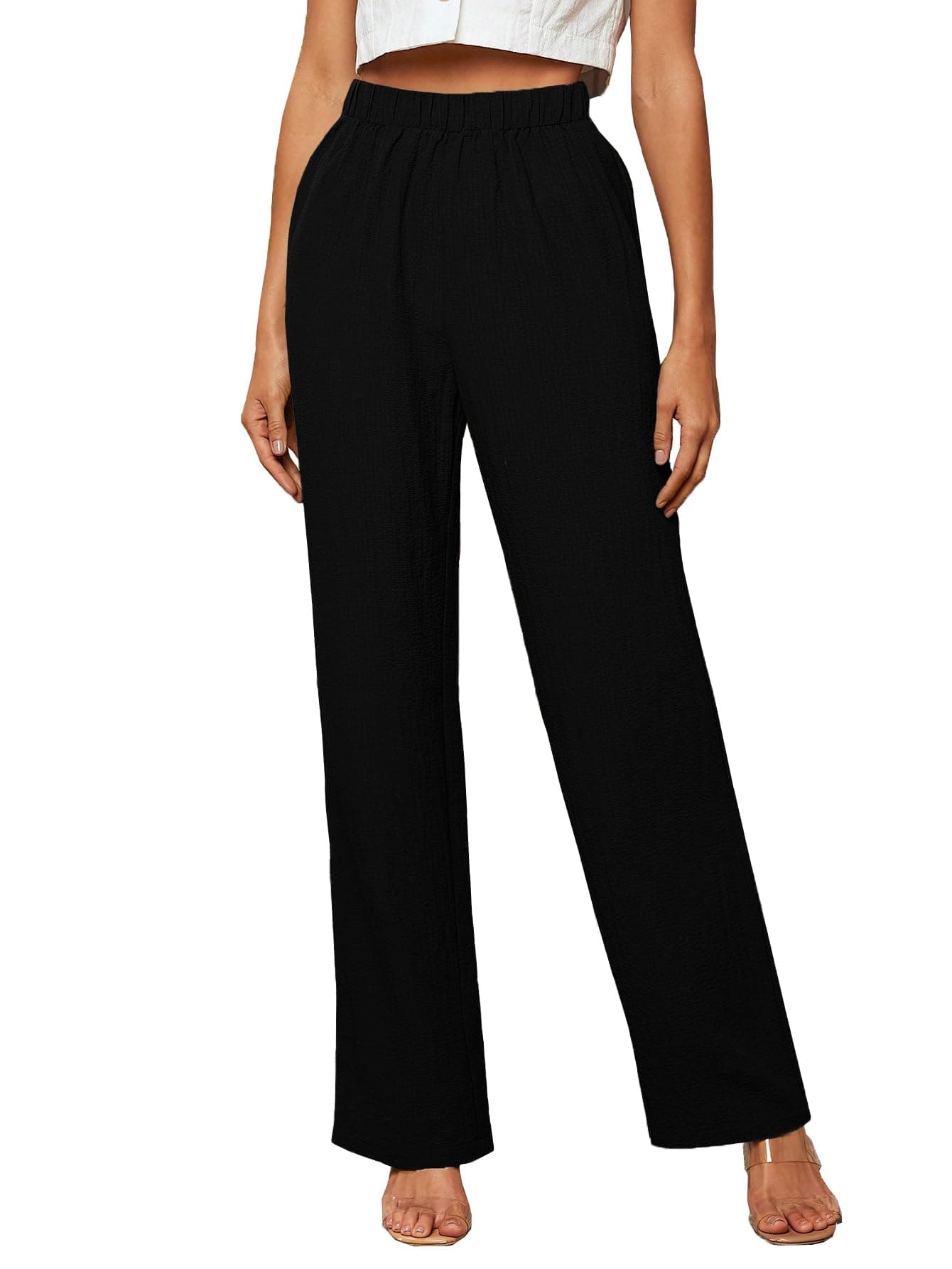 TOPLOT Women’s High-Waisted Trousers | Tailored Wide-Leg Pants | Casual & Formal Wear | Chic and Elegant Look (Women-Trouser-5230-Black-34)
