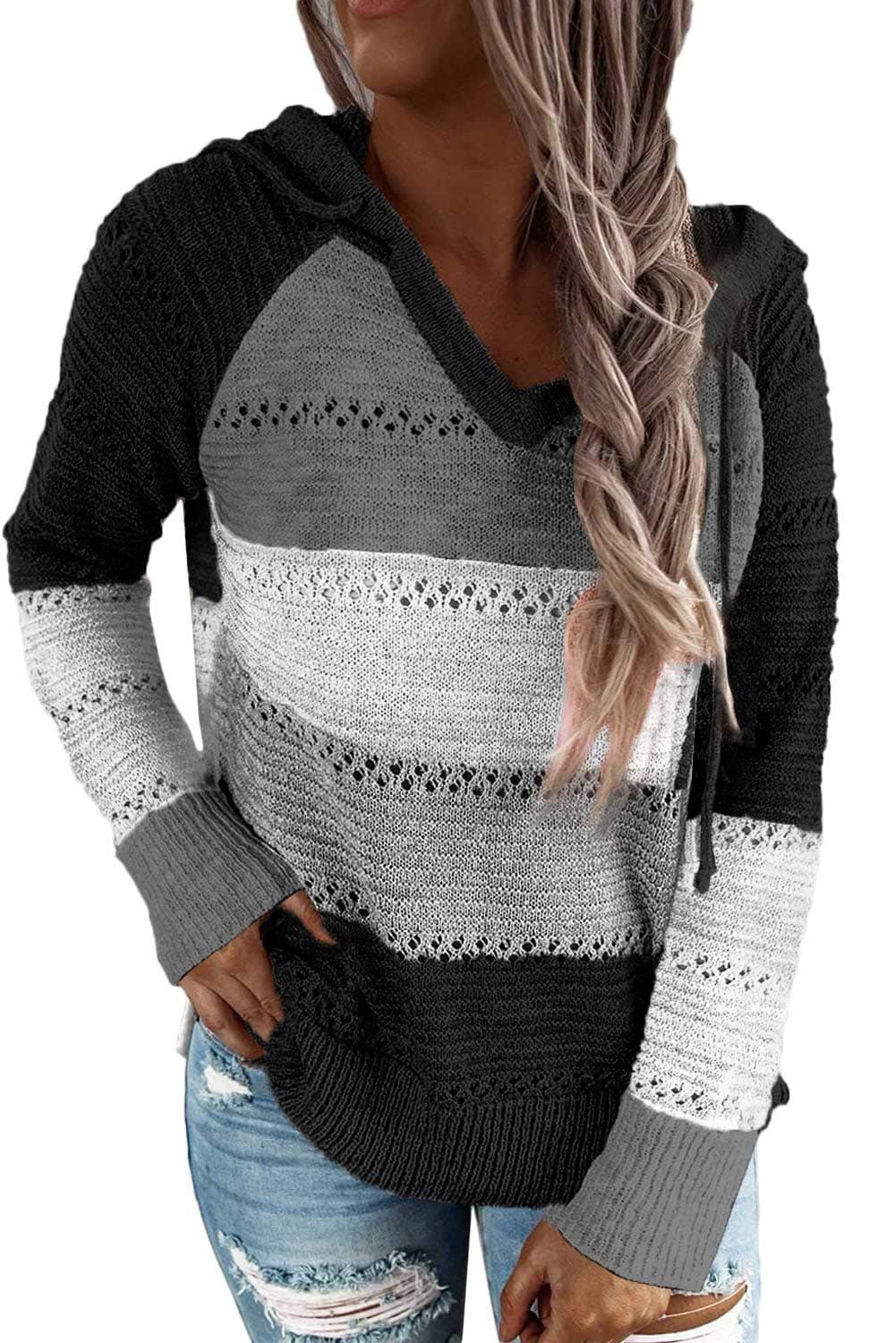 FEKOAFE Womens Causal Color Block Hoodies Lightweight Knit Sweaters Long Sleeve Striped V Neck Cute Hoodies Black XXL