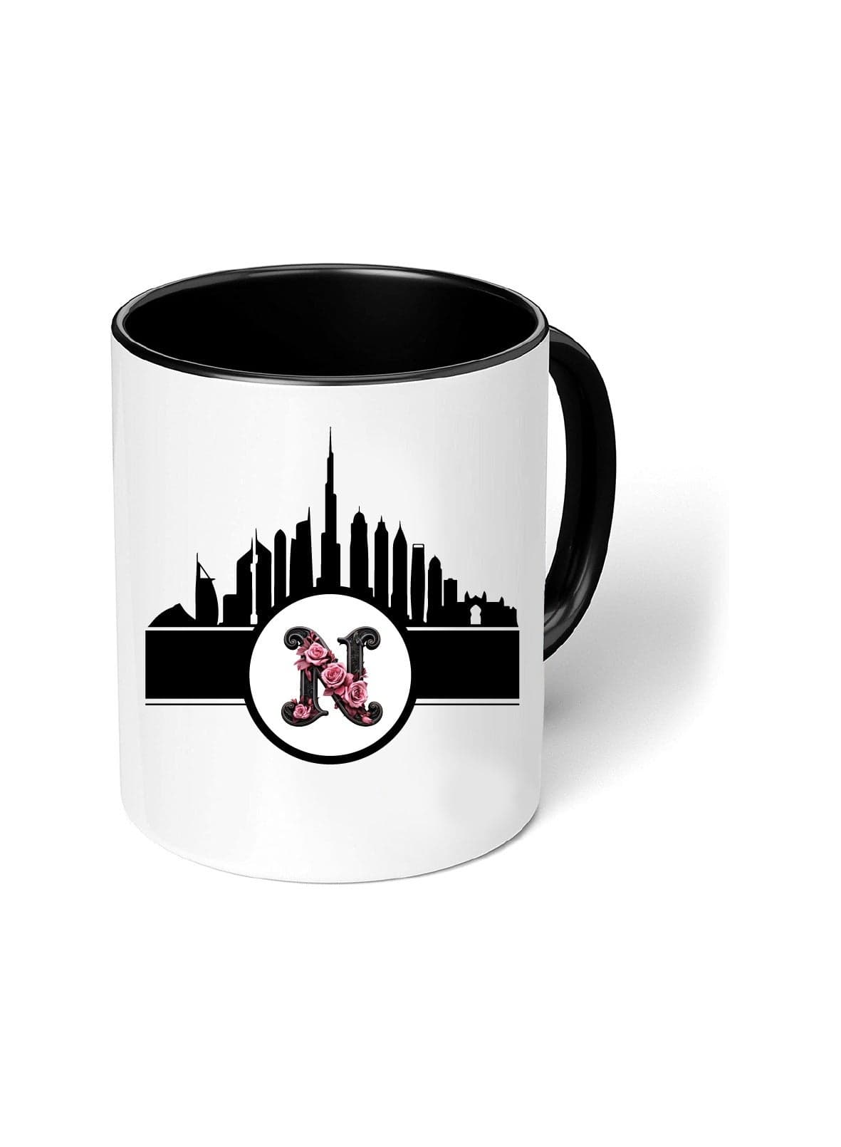 Dubai Skyline with Initial Monogram Black Coffee Mug-Perfect for Tea and Coffee Lovers-Dubai Skyline and Monogram Design-11 Oz
