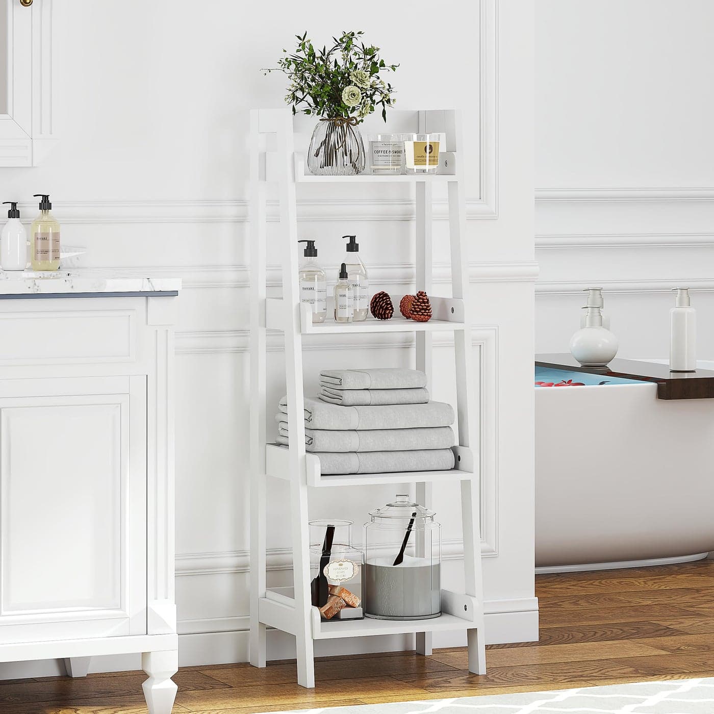 UTEX 4Tier Ladder Shelf Bathroom Shelf Freestanding 4Shelf Spacesaver Open Wood Shelving Unit Ladder Shelf White