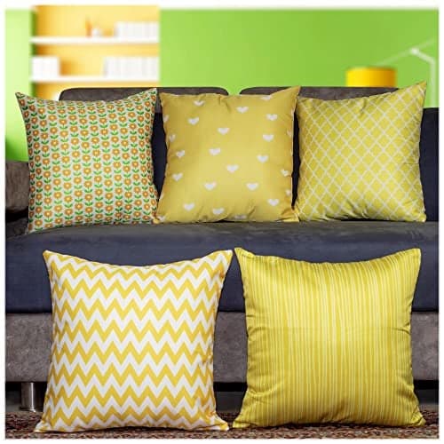 Vendola Decorative Satin Sofa Cushion Covers Set of 5, 16 inch x 16 inch, Sofa Pillow Cover, Yellow and White Colour, Floral Design, Zipper Closure (Marigold, 16X16 Inches)