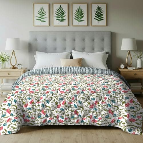 Urban Space AC Blanket For Single Bed, 120 GSM Microfiber 3 Layered Quilted Dohar, Soft Lightweight Reversible Printed AC Blanket Single Bed for All Season (Kashmir Pink & Blue- 145cm x 225cm, Single)