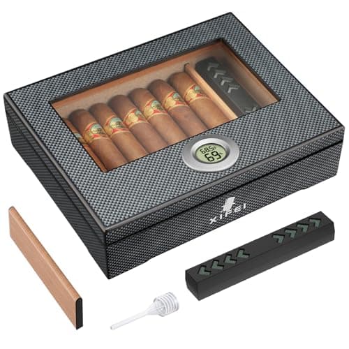 XIFEI Cigar Humidor, Glass Top Carbon Fiber Texture with Digital Hygrometer, Including Cigar humidifier, Divider, Cedar Wood Humidor Box, Holds 25-35 Cigars (9IN*7.5 * 2.8)