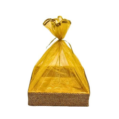 SANWALSA (Medium, 10x10x2 inch,Square, Brown-Jute) MDF Base Designer Gift Hamper Packaging Baskets with Net Cover, Gift Hamper Organiser perfect for any occasion