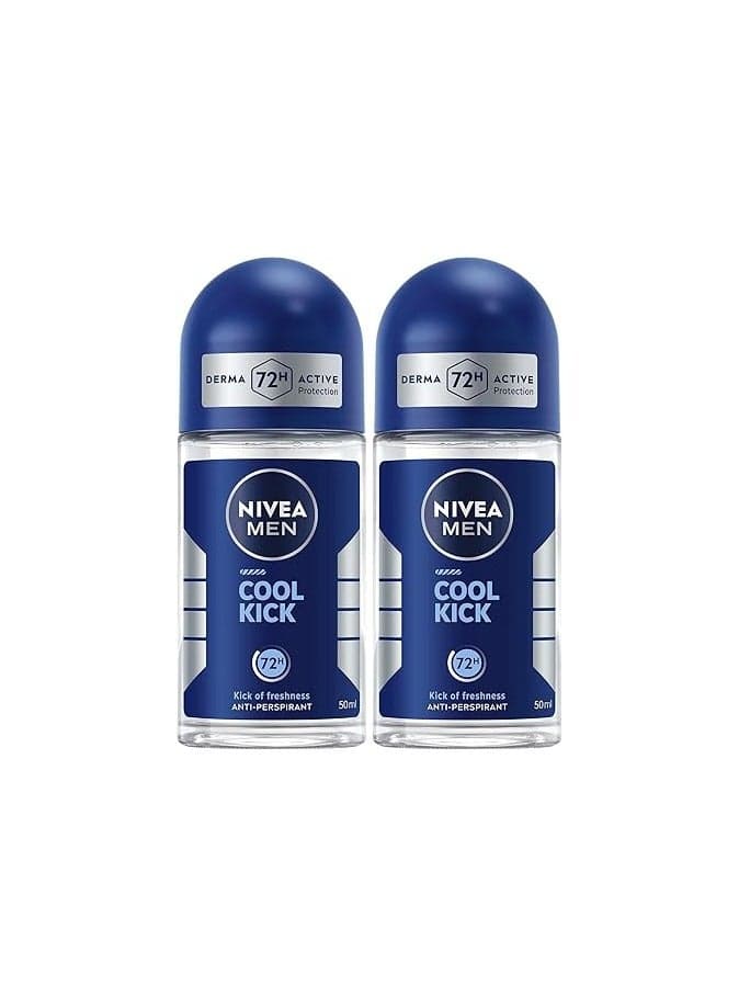 NIVEA MEN Deodorant Roll-on for Men, 48h Protection, Cool Kick Fresh Scent, 2x50ml