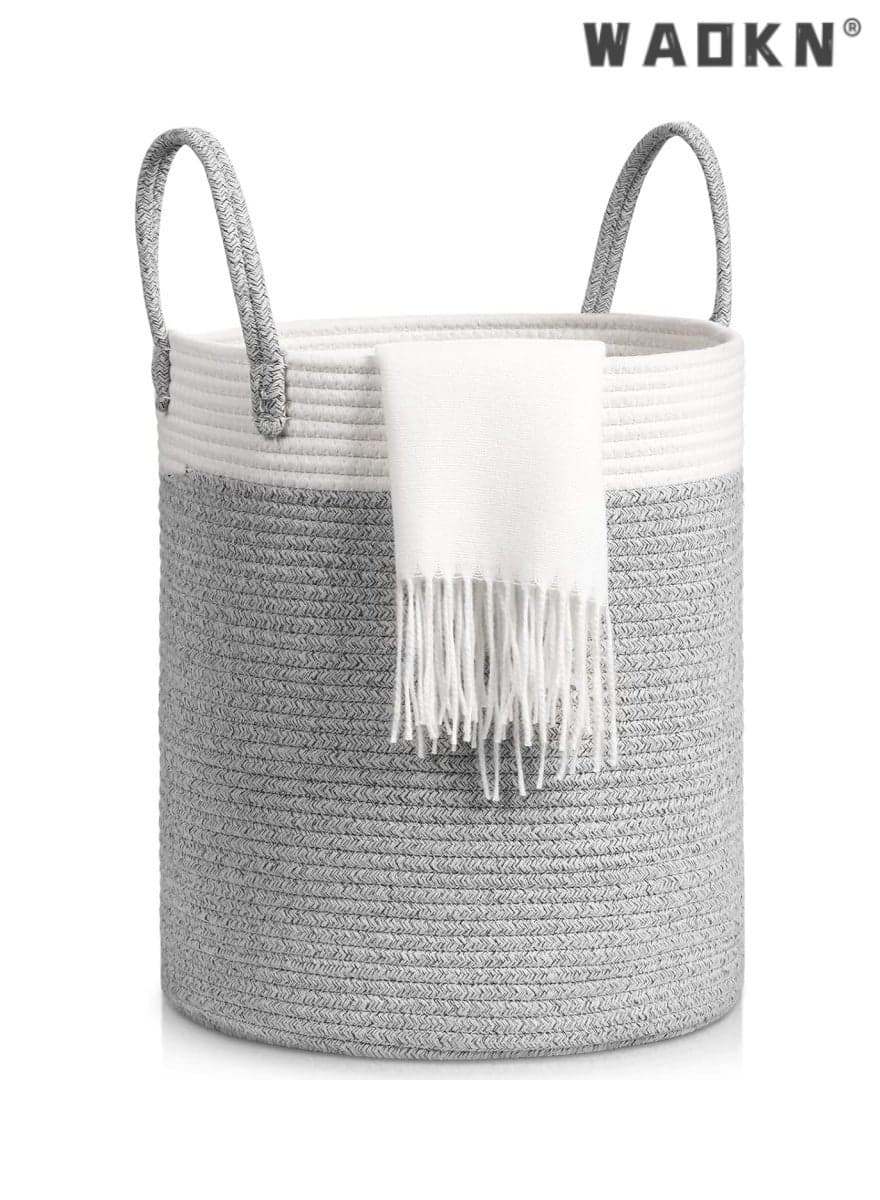 Versatile Woven Cotton Rope Laundry Basket with Comfortable Handles, Creating a Unique Storage View in the Nursery (Barrel Style)