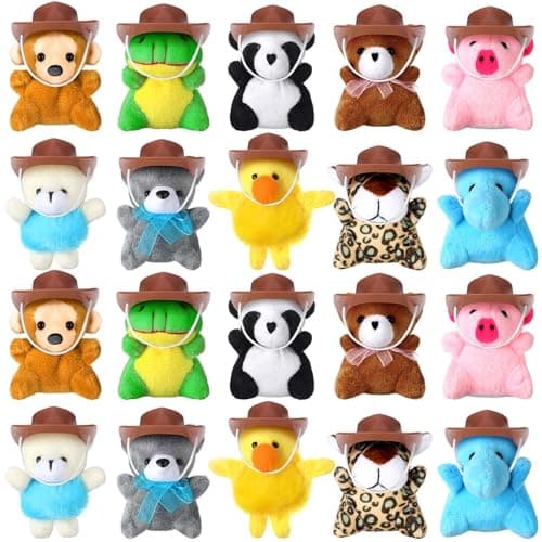 Blueweenly 20 Pcs Western Party Favors Mini Stuffed Animals Keychains with Mini Western Cow Cap Stuffed Forest Jungle Animal Set for Birthday Baby Shower Party Decoration Award Bulk