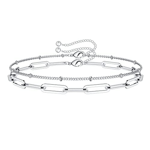 Turandoss Silver Bracelets for Women, 14K Gold Plated Layering Oval Chain Silver Bracelet Cute Silver Layered Beads Chain Silver Bracelets for Women