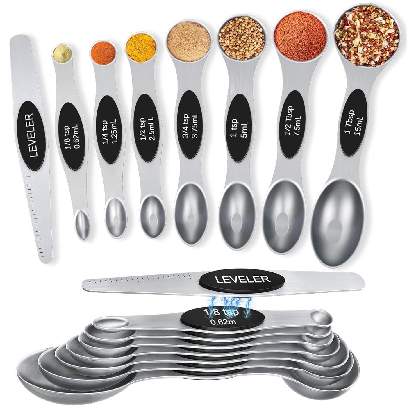 MTROYALDIA 8 PCS 304 Stainless Steel Measuring Spoons Set 8 Pieces Magnetic Measuring Spoons for Cooking Baking Coffee Sugar Salt for Liquid Wet and Dry Ingredients Black