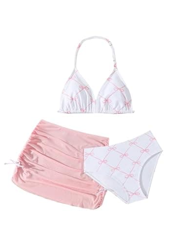 RoseSeek Girl's 3 Piece Cute Bowknot Bathing Suit Halter Triangle High Waisted Swimsuit with Beach Cover Up Skirt Pink 10 Years