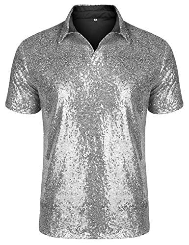 URRU Men's Relaxed Short Sleeve Turndown Sparkle Sequins Polo Shirts 70s Disco Nightclub Party T-Shirts Tops Silver L