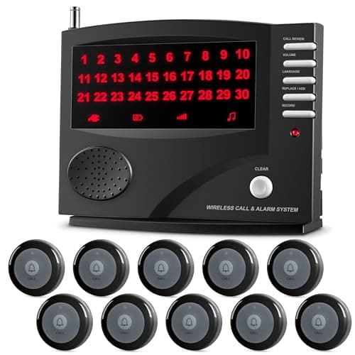 SYNLETT Wireless Calling System Nurse Call System Caregiver Pager for Restaurant Clinic Nursing Home 7 Languages 8 Alert Tones, 10 Call Buttons and 1 Monitoring Unit for Patients Seniors Customer