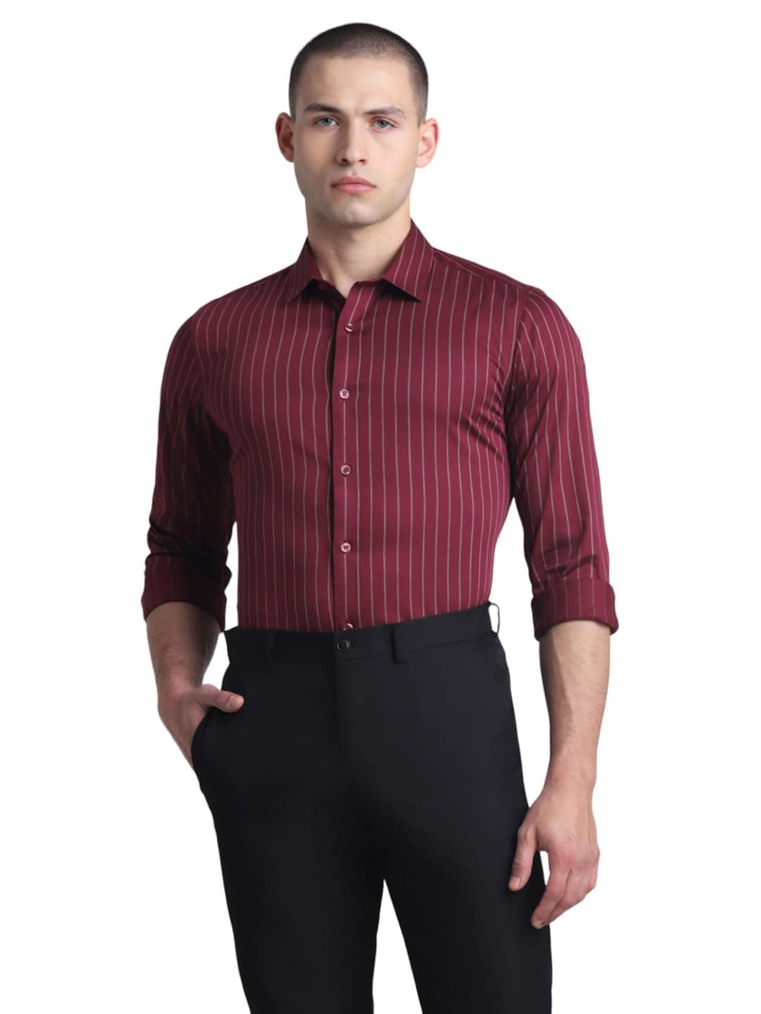 Jack & Jones Men Striped Cotton Blend Slim Fit Red Shirt