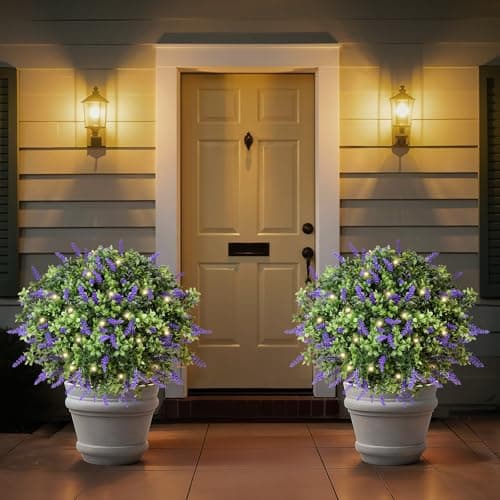 Lewondr Artificial Lavender Boxwood Topiary Ball with LED Lights, 23.6'' Artificial Shrub Bushes with Ground Spike, UV Resistant Faux Greenery Shrubs, Fake Plants for Indoor Outdoor Garden Patio Decor
