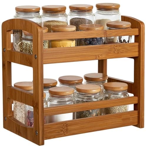 Briful Bamboo Spice Rack Organizer for Countertop, 2-Tier Seasoning Shelf Small Spice Holder for Kitchen Organization Pantry & Cabinet Decor, Brown