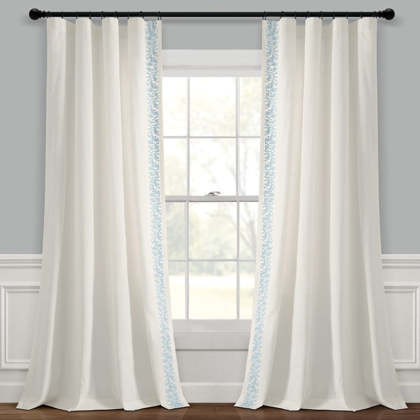 Lush Decor Luxury Modern Flower Linen Like Embroidery Border Window Curtain Panel Single Panel 84 L x 52 W OffWhite Blue