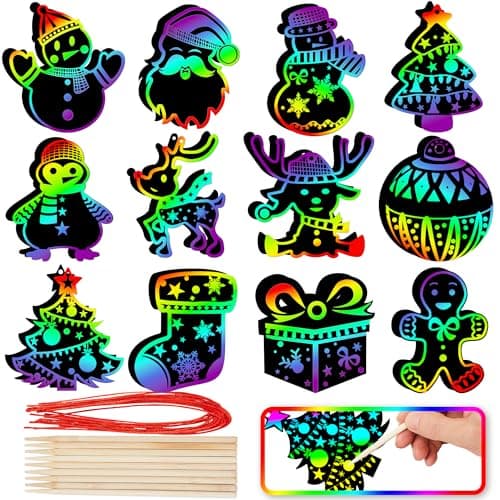 JOYIN 72 Pcs Christmas Scratch Art Ornaments Rainbow Color Scratch Paper Craft Kit Include Snowman Christmas Tree and Reindeer Scratch Off Hanging Ornament for Kids Party Favor