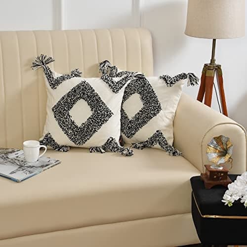 TIB Premium Boho Decorative Throw Cushion Covers, 16 x 16 cm, Set of 2, Cotton. (Black Diamond)-230 TC