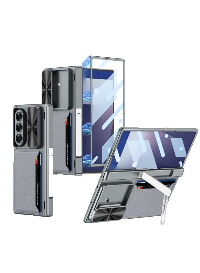 Case/Cover with Front Glass, Card Pocket Camera Shutter for Samsung Galaxy Fold 6 Case Cover with Hinge Full Body Protective Cover Folding Stand Invisible Card Slot Shockproof Hard PC Case