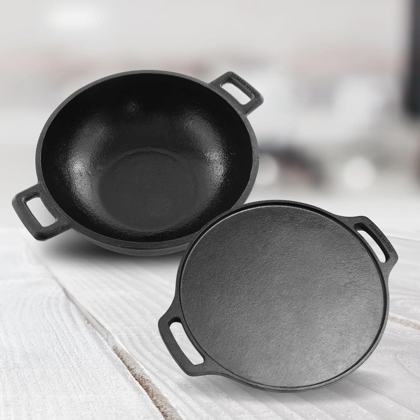 Human Hydro PreSeasoned Cast Iron Kadhai and Dosa Tawa Combo Tawa 30 Cm28kg Kadai 25 Cm25L Large Size Naturally Nonstick Black