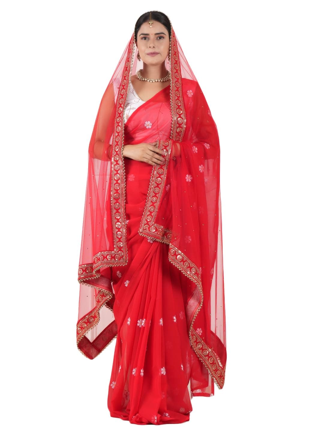 A R Silk DUPATTA HUB Women's Stone Work Net Dupatta With Zari Embroidered Work With 4 Sides Moti Lace Red Fancy and Bridal Dupatta(ARS01208)