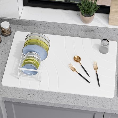 Vorisebo Large Stone Drying Mat for Kitchen Counter, 24" × 16" Diatomite Dish Drying Mat, Quick Dry Stone Mats, Ultra Absorbent Natural Diatomaceous Earth Mats for Dished, Bottles, White