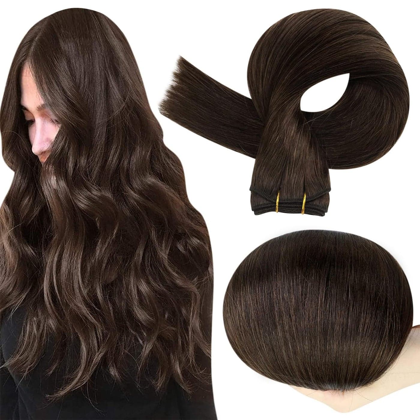 Full Shine Weft Human Hair Brown Sew in Real Hair Extensions 2 Dark Brown Weft Extensions Real Bundles for Women 105g 20 Inch