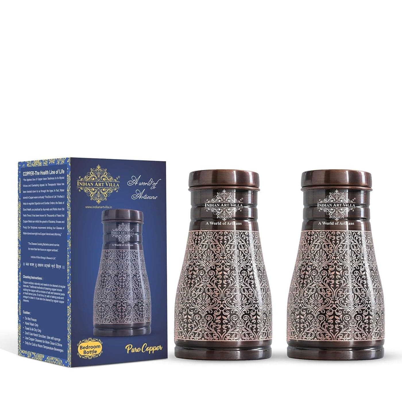 INDIAN ART VILLA Pure Copper Bedroom Water Bottle with Inbuilt Glass Dark Embossed Design Bedside Carafe for Drinking and Storing Water Ayurvedic Health Benefits 900 ML Capacity Pack of 2