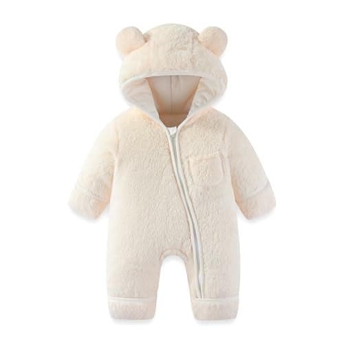 AiWMGL Newborn Baby Bear Outfit With FoldOver Mittens and Footies 36 Months Girls Boys Winter Thickened Fleece Clothes Hooded Romper Snowsuit White