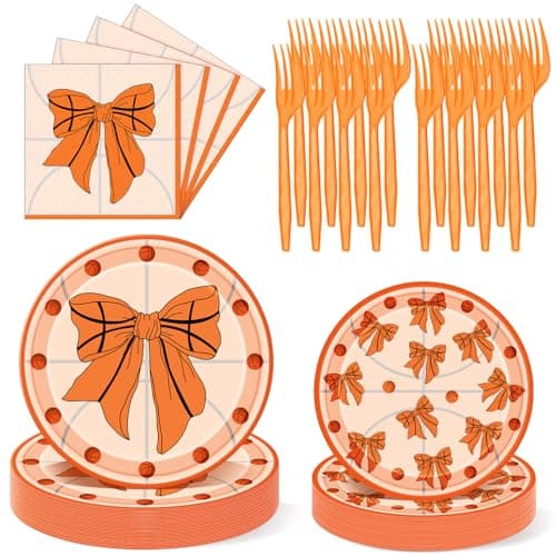 Havawish 96 Pcs Basketball Coquette Party Supply Basketball Bow Birthday Party Decoration Disposable Paper Plates and Napkins Baby Shower Tableware Dessert Dinnerware for Women Sports Team 24 Guests