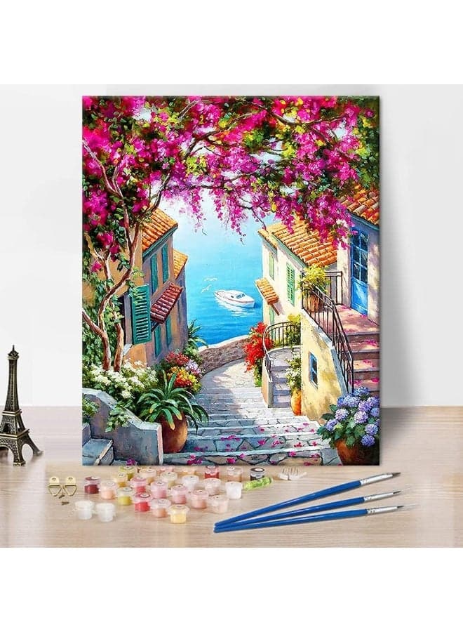 Stairs To The Sea Art Paint by Numbers, Flower Garden Sea Bay Landscape Paint by Numbers, for Adults, Beginner, Oil Painting, Canvas Wall Art, 50 x40 cm, Frameless