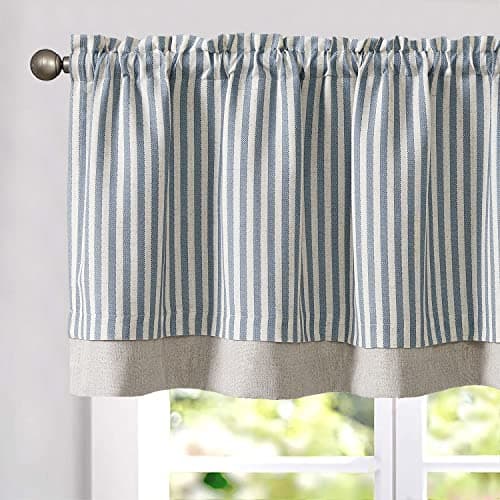 Vangao Kitchen Valance Linen Stripe Short Farmhouse Rustic Tickingstripe Double Layer Blackout Rod Pocket Window Topper Treatments 18 Inch 1 Panel Blue on Beige
