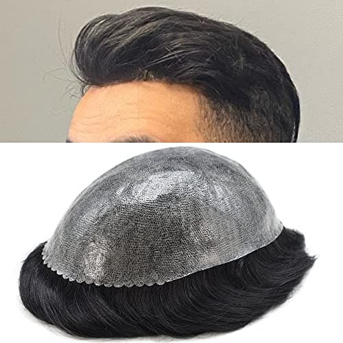 Toupee for Men Thin Skin PU Injection Mens Wig Unit Real Natural Human Hair Piece Mens Replacement System 8''X10''-#1 Jet Black