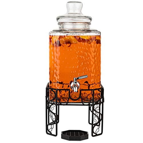2.5 Gallon Glass Beverage Dispenser with Stainless Steel Spigot, Metal Stand, and Drip Tray – Mason Jar Style Drink Dispenser for Parties, Iced Tea, Water, Lemonade, and More