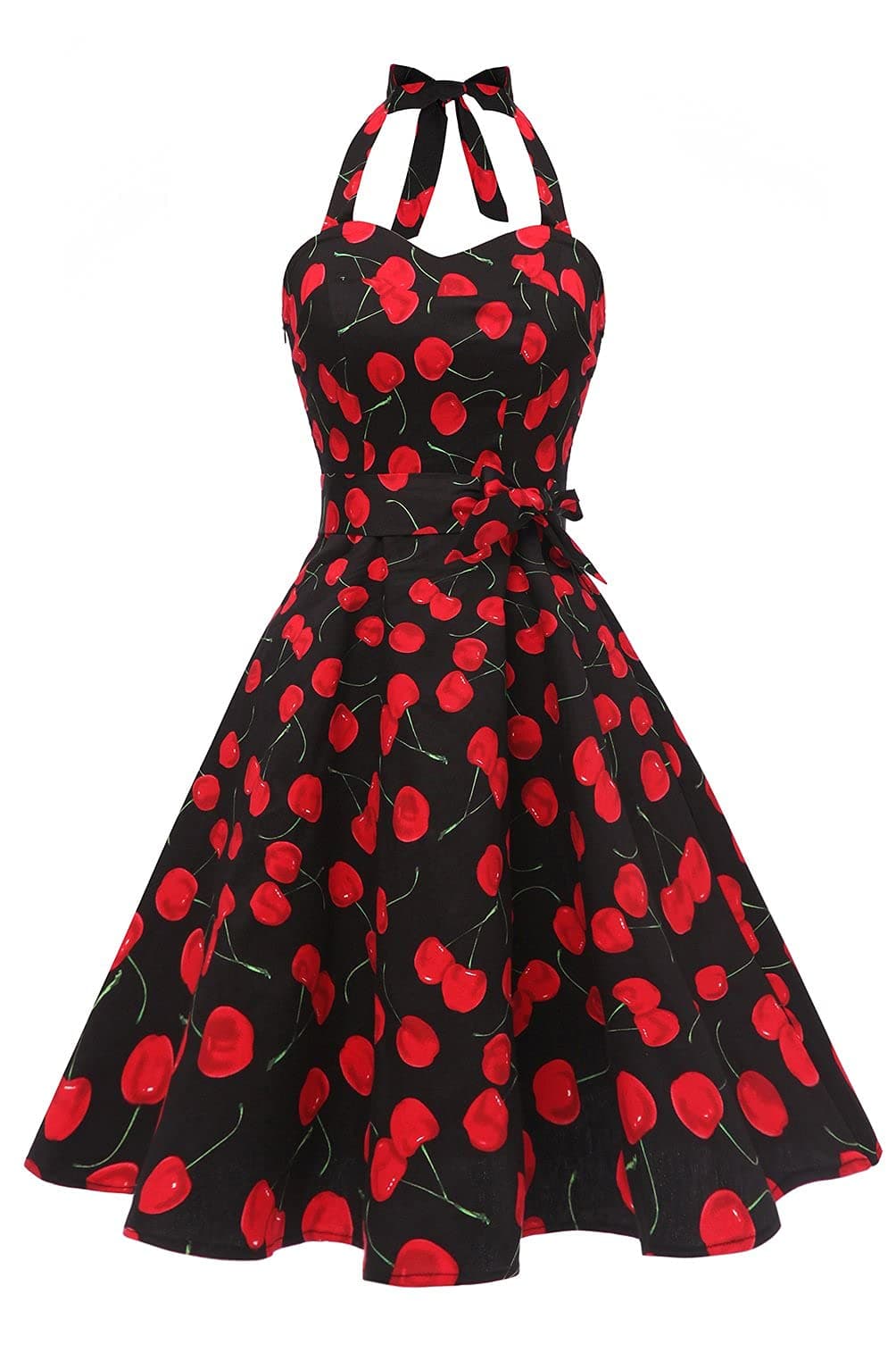 Topdress Women's Vintage Polka Audrey Dress 1950s Halter Retro Cocktail Dress Black Cheery M