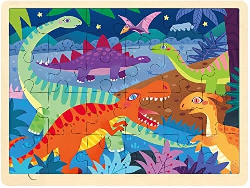 MoinKidz 24 Piece Puzzle for 3 Year Old Dinosaur Wooden Jigsaw Puzzles for Kids Ages 35 with Picture Underneath Preschool Toddler Puzzles Ages 24 with Storage Tray