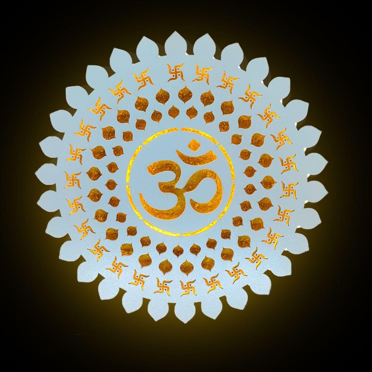 OM MANDALA CREATION Decorative Om Wall Art Mandala Design with Gold Accents White texture PaintYellow Led Light18X18 Inch