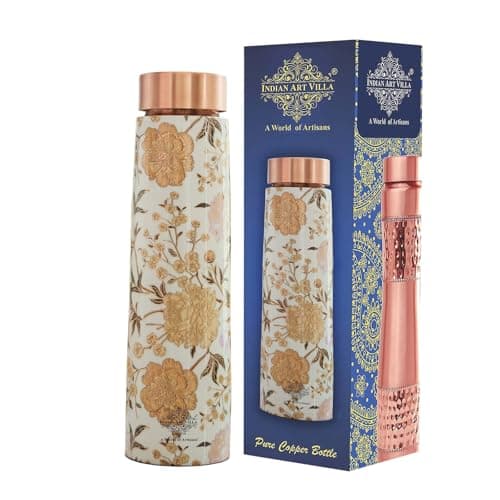 Indian Art Villa Copper Gold Flower Print Bottle – 800 ML, Pure Copper Ayurvedic Water Bottle with Leak-Proof Lid, Ideal for Office, Yoga, Travel, and Gifting
