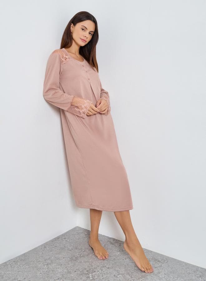 Styli Placket and Lace Trim Insert Nightdress