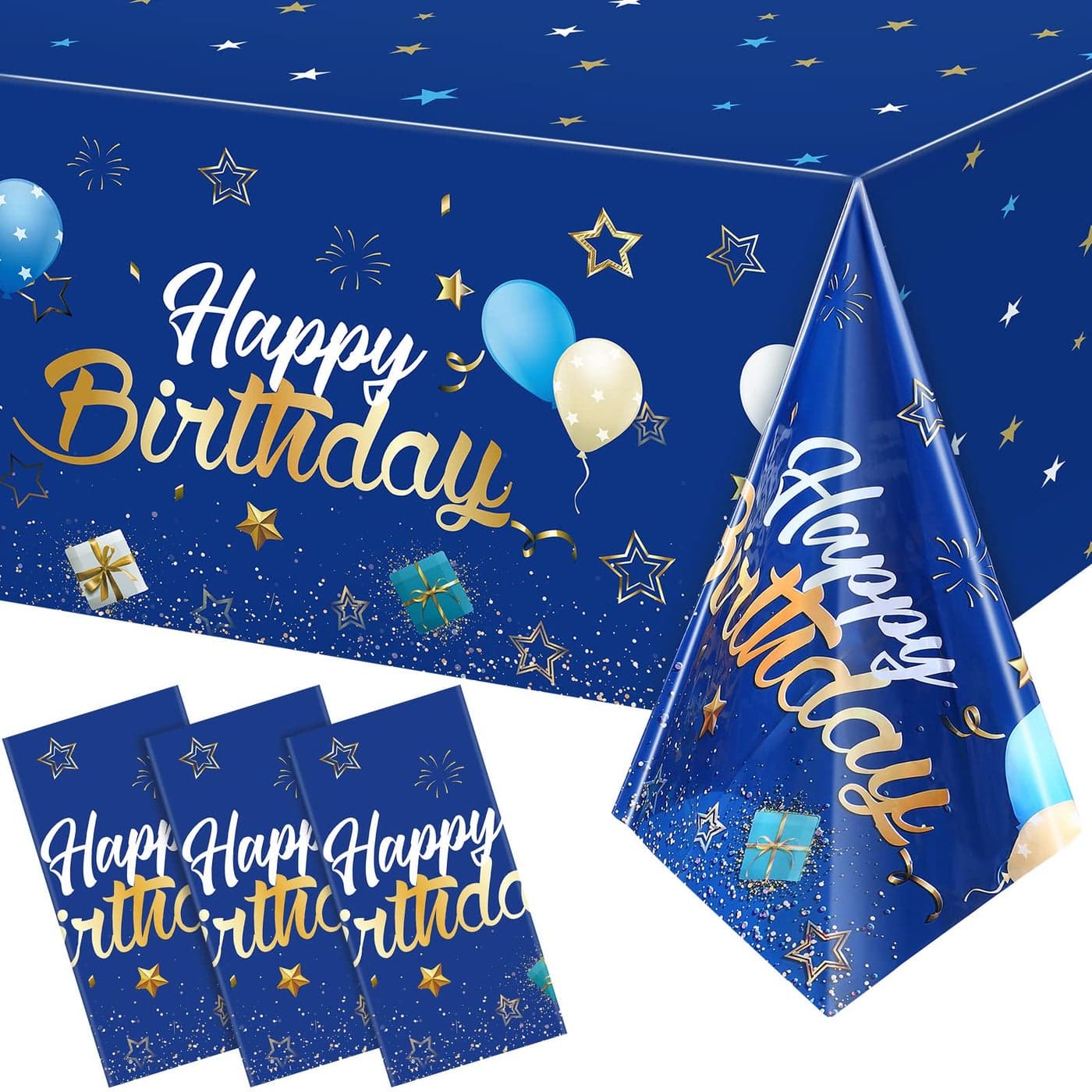 Navy Blue Party Supplies Blue Stars Happy Birthday Tablecloths Blue Starry Confetti Table Covers for Kids Boys Girls Baby Shower Birthday Party Decorations 3 Pack (Navy Blue and Gold, 54" x 108")