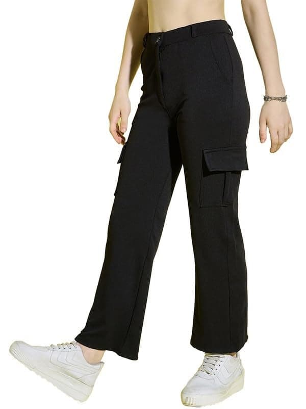 Dream Beauty Fashion Women's High Waist Trouser Track Pant with Side Pocket Cargo Pant Parallel Leg for Casual Office Work wear (Rox 1- Black-S)