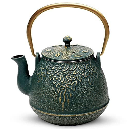 Tea Kettle TOPTIER Japanese Cast Iron Teapot with Infuser Leaf Design Cast Iron Tea Pot Stovetop Safe Coated with Enameled Interior for 40 Ounce 1200 ml Dark Green