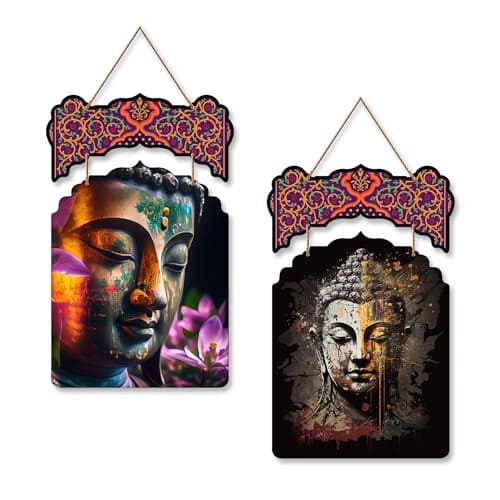 Artvibes Gautam Buddha Wooden Wall Haning for Living Room | Spiritual Decor Items | Wall Art Painting For Hall | Wall Paintings | Handcrafted Art | Ethnic Wall Decor | Gift Items (WH_9204N), Set of 2