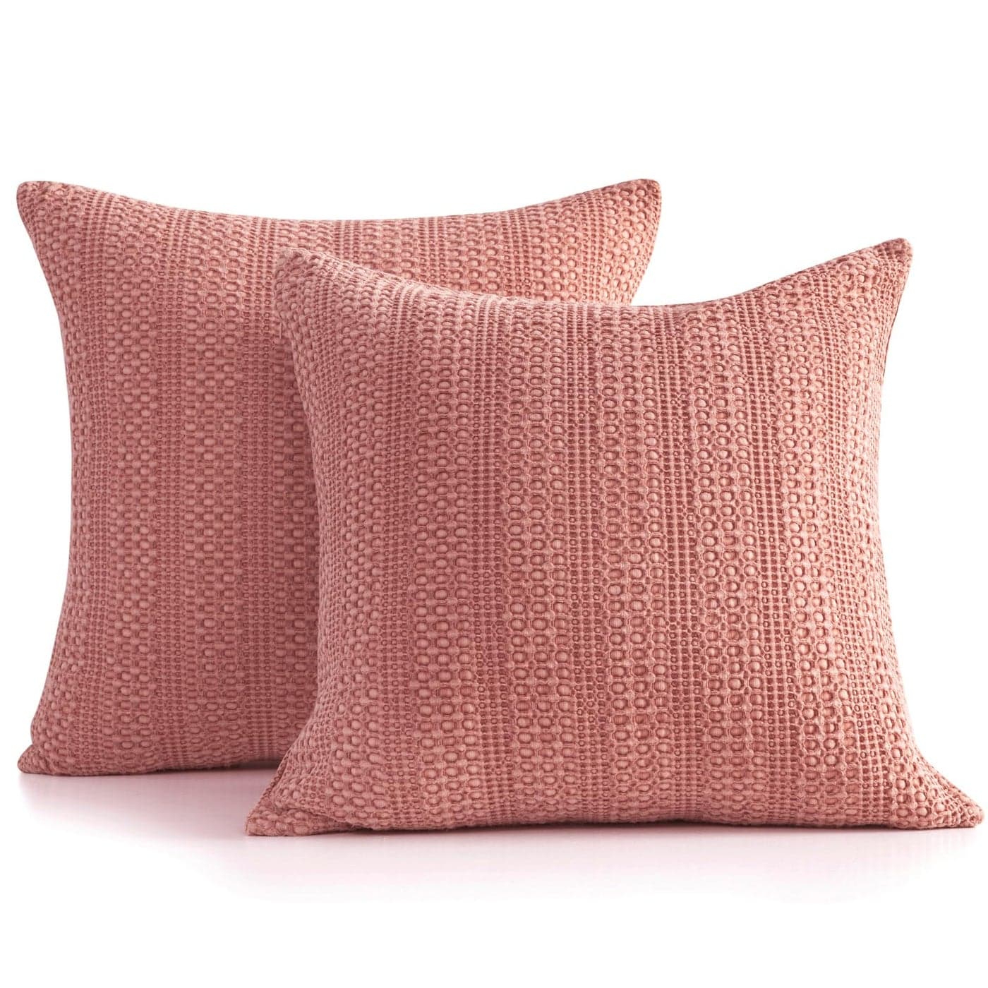 COCOPLOCEUS 18x18 Throw Pillow Covers Set of 2 Boho Decorative Pillow Shams Stone Washed Cotton Pillowcase Waffle Square for Couch Sofa Chair Bed CarCoral Pink