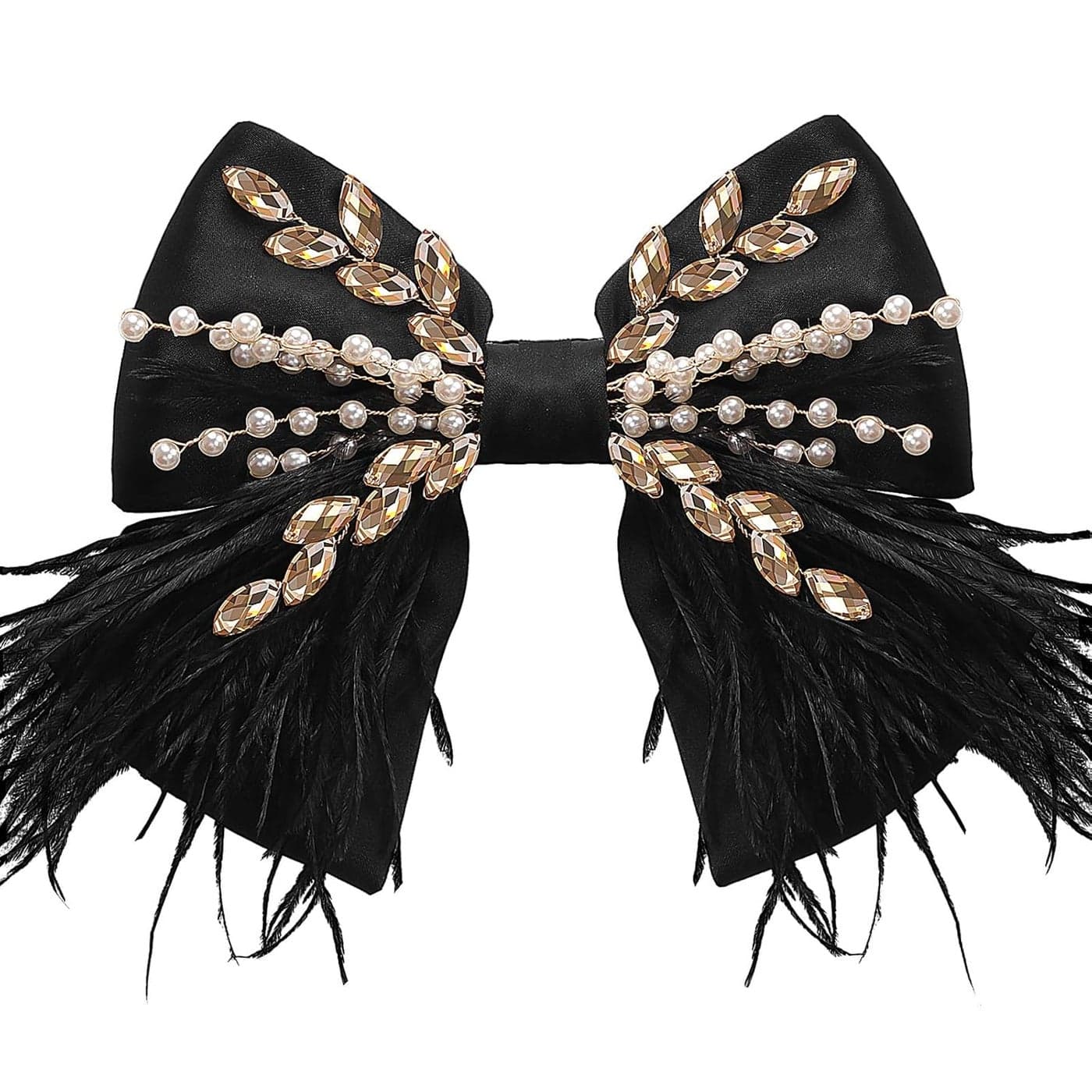 CROWN GUIDE Large Hair Bows Clips for Women Girls Silk Satin Hair Barrettes Feather Coquette Bows Hair Ties Ribbon Bow Claw Clip Hair Accessories with Pearl Crystal Black