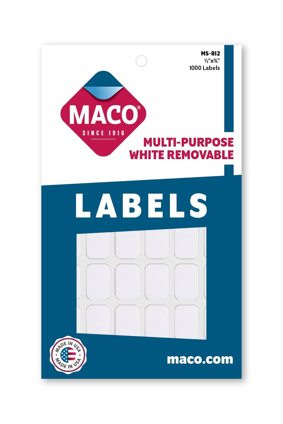 MACO White Rectangular Multi-Purpose Labels, 1/2 x 3/4 Inches, 1000 Per Box (MS-812)