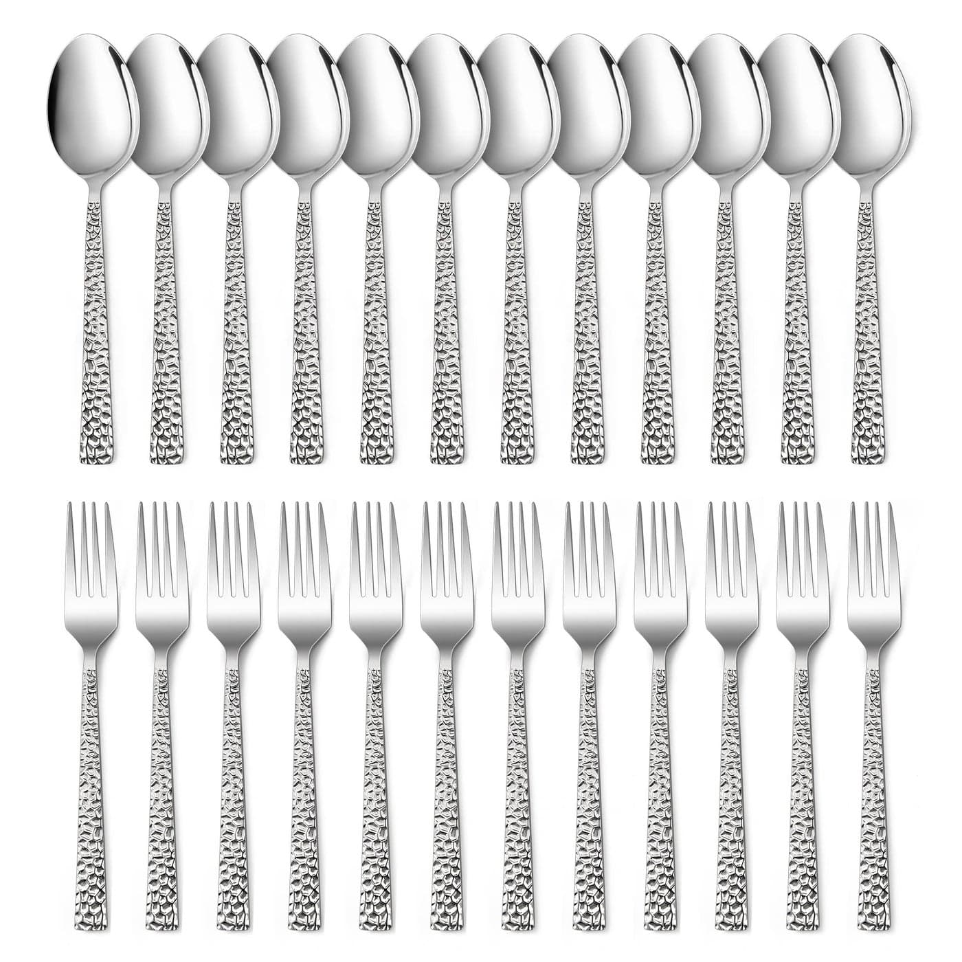 Efar 24Piece Hammered Forks and Spoons Silverware Set Stainless Steel Square 12 Dinner Forks and 12 Dinner Spoons Modern Metal Flatware Cutlery for Kitchen and Restaurant Dishwasher Safe79 Inch