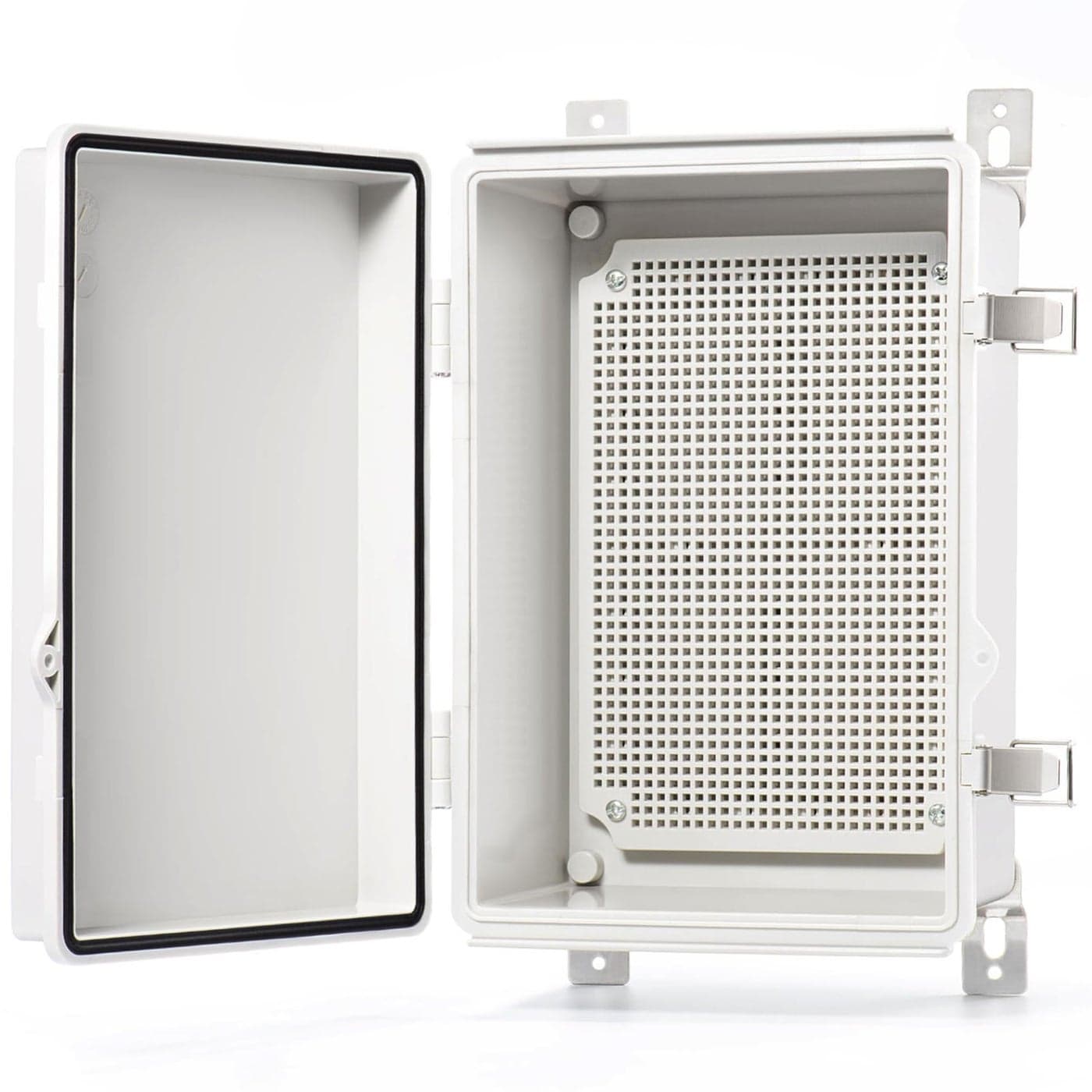 QILIPSU Waterproof Junction Box Outdoor Electrical Enclosure IP67 Plastic Weatherproof Project Box with Mounting Plate Wall Brackets Hinged Grey Cover 112x77x51