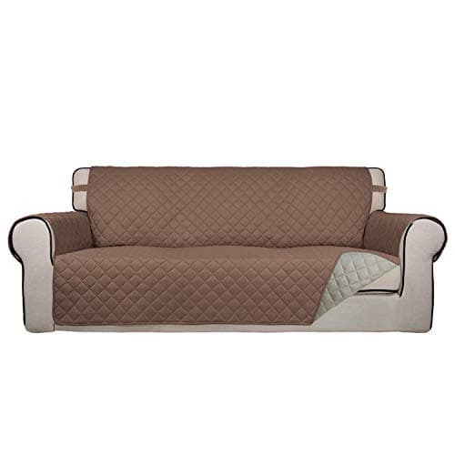 PureFit Reversible Quilted Sofa Cover, Water Resistant Slipcover Furniture Protector, Washable Couch Cover with Non Slip Foam and Elastic Straps for Kids, Pets (X Large, Brown/Beige)