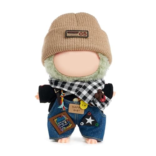 QIUTIMIY 17cm Doll Clothes 4Piece Set Knitted Hat Overalls Black Sweater Scarf No Doll Included